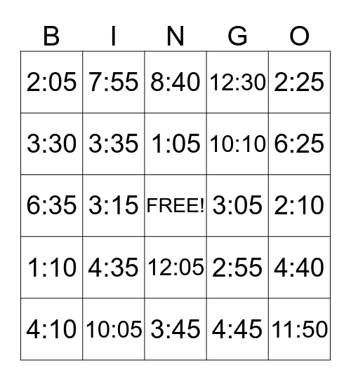 Telling Time BINGO Card
