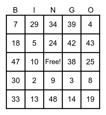 BINGO NUMBER Bingo Card