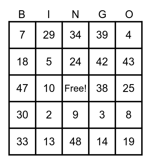 BINGO NUMBER Bingo Card
