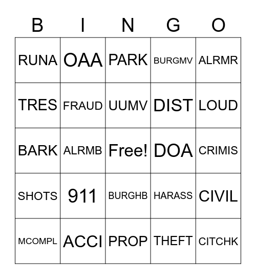 POLICE RADIO Bingo Card