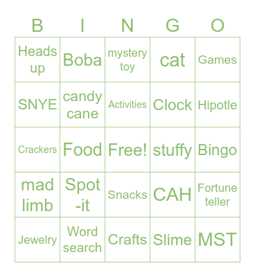 Noon Year's Eve Bingo Game Bingo Card