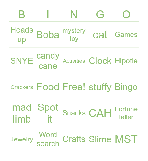 Noon Year's Eve Bingo Game Bingo Card