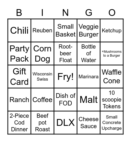 Culvers Bingo Card