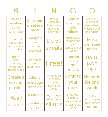 January Wellness Challenge Bingo Card