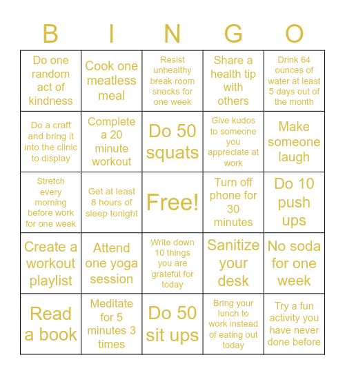 January Wellness Challenge Bingo Card