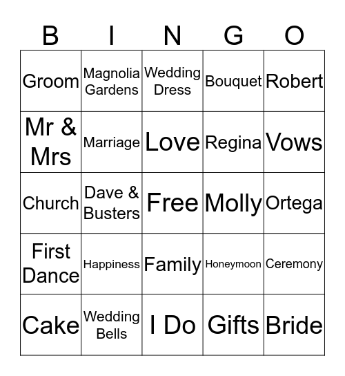 Regina's Bridal Shower Bingo Card