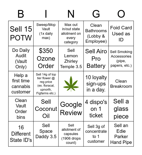 Budtender Bingo Card