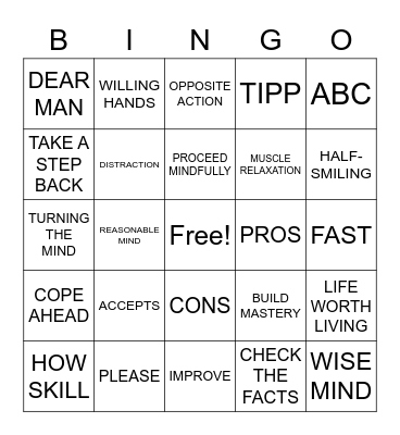 DBT SKILLS Bingo Card