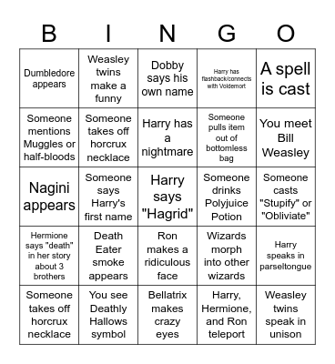 Harry Potter and the Deathly Hallows Pt 1 Bingo Card