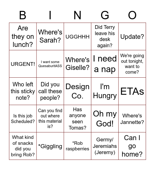 Operations Bingo Card