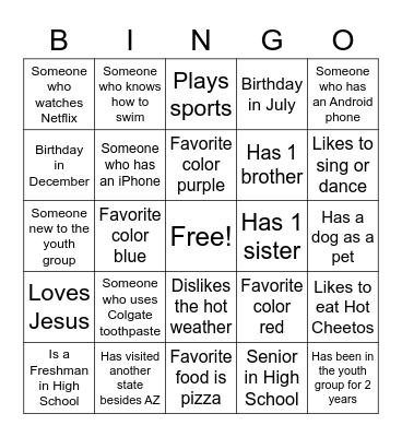 Youth Group Bingo Card