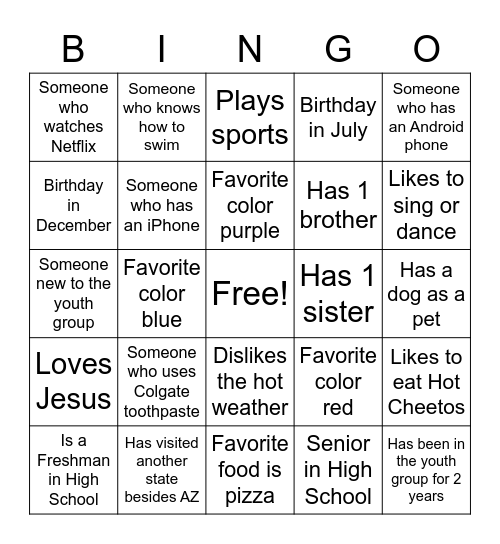 Youth Group Bingo Card
