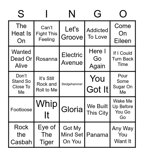 DAM 80's SINGO Bingo Card