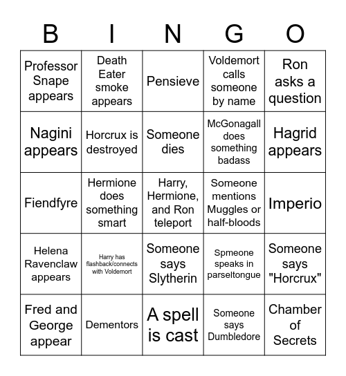 Harry Potter and the Deathly Hallows Pt 1 Bingo Card