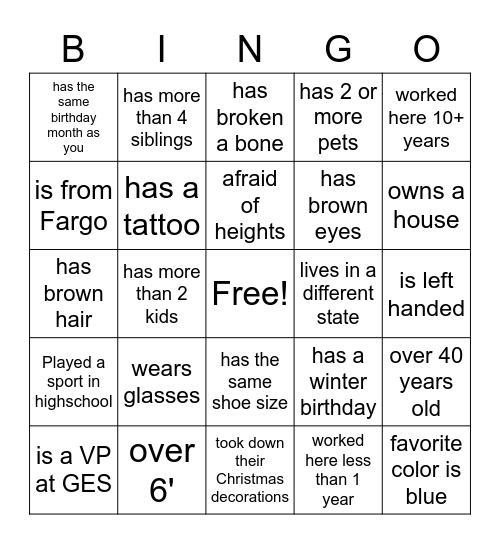 GES Employee Bingo Card