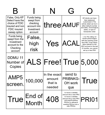 High Value Service BINGO Card