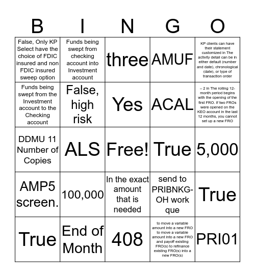High Value Service BINGO Card
