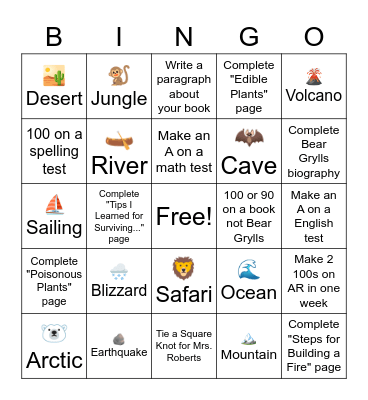 Bear Grylls Challenge Bingo Card