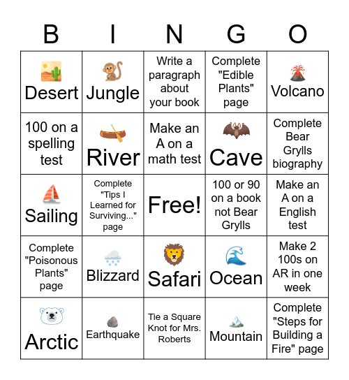 Bear Grylls Challenge Bingo Card