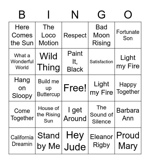 60s Bingo Card