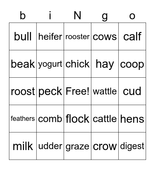 Cows and Chickens Bingo Card