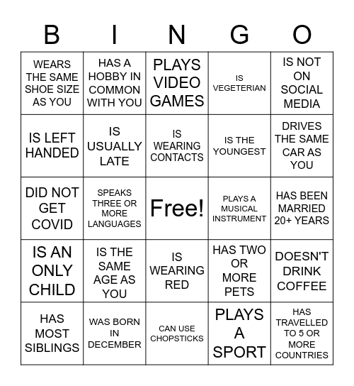 FIND THE GUEST Bingo Card