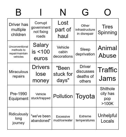 Deadliest Journeys Bingo Card