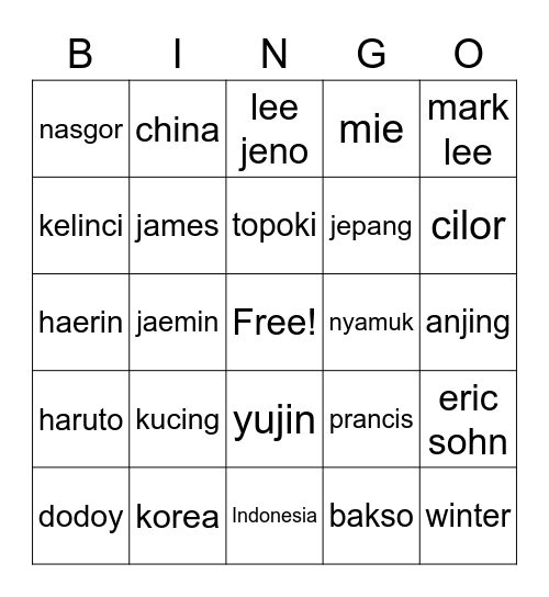 seongmin :*{} Bingo Card