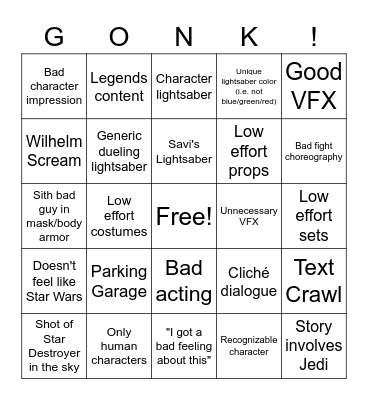 Star Wars Fan Film Bingo Card