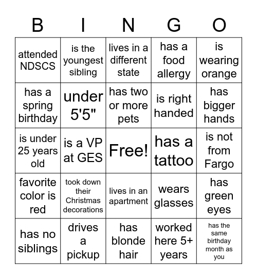 GES Employee Bingo Card