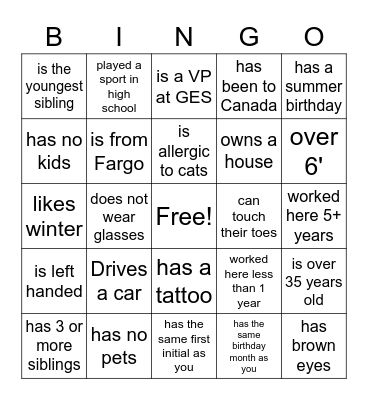 GES Employee Bingo Card