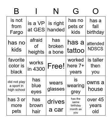 GES Employee Bingo Card