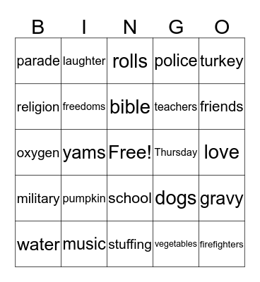 THANKS GIVING Bingo Card