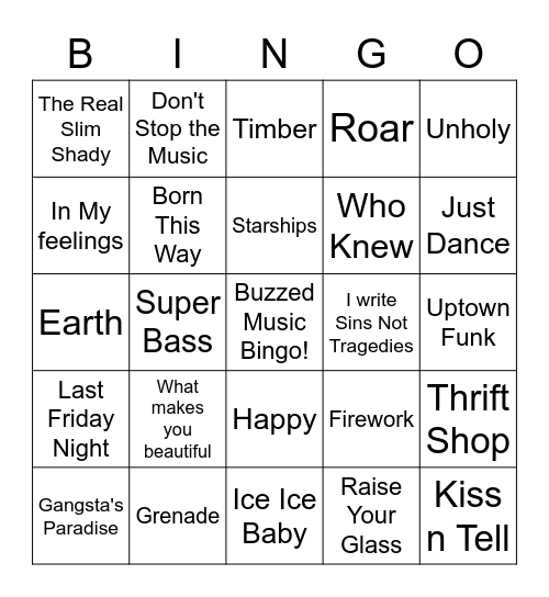 Hip Hop & Pop Bingo Card