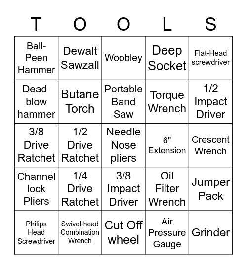 Mechanics (A) Tools Bingo Card