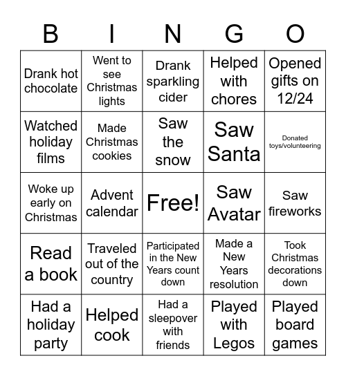 Holiday Bingo Card