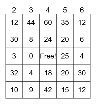 Multiplication Bingo Card