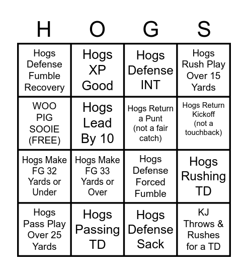 Woo Pig Sooie Bingo Card