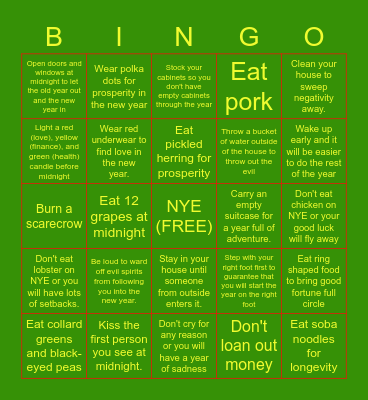 New Year's Superstitions Bingo Card