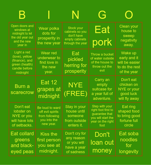 New Year's Superstitions Bingo Card