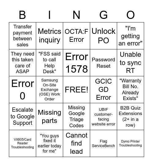 Help Desk Bingo Card