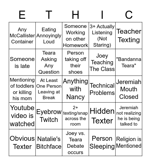 Ethics Bingo Card