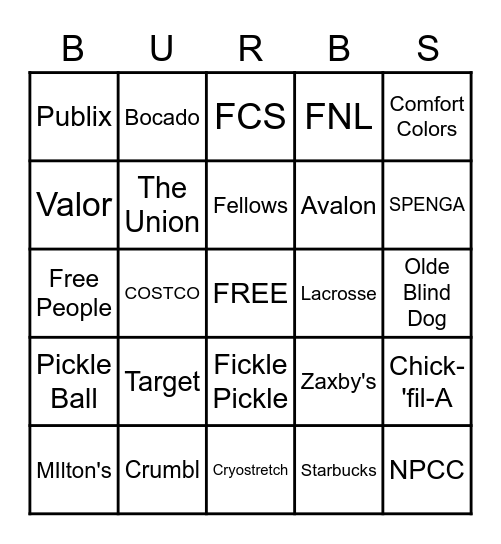 NYE BINGO IN THE 'BURBS Bingo Card