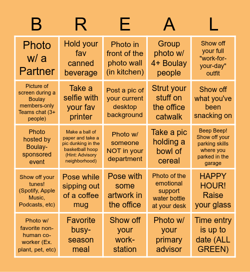 Boulay's BeReal Busy Season Bingo Card