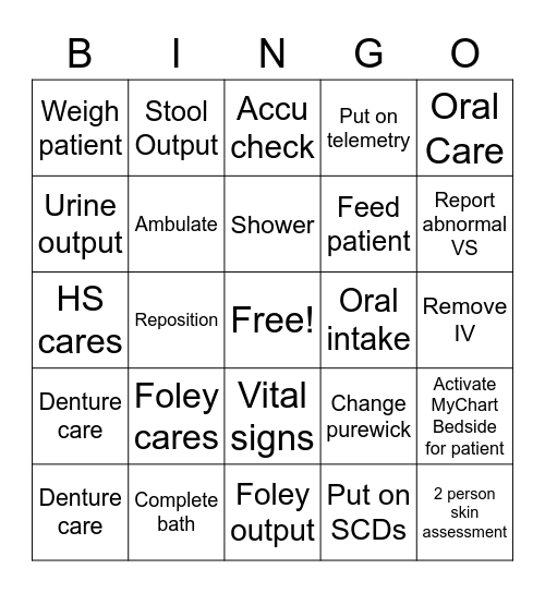 PCT Daily Tasks Bingo Card