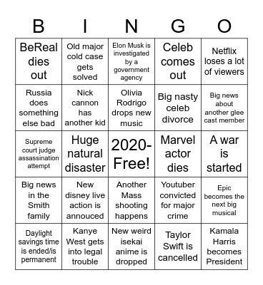 Madi's 2023 Bingo card Bingo Card