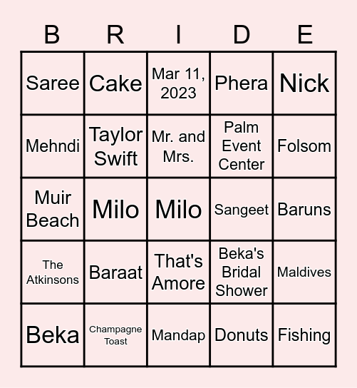 Bridal Bingo Card