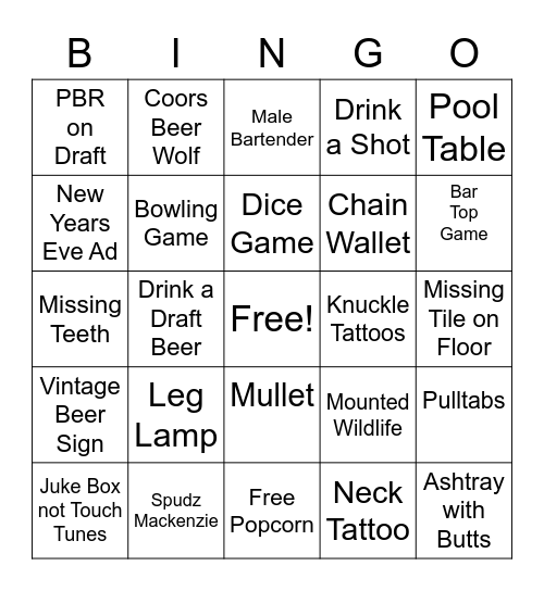 Dive Bar Bingo Card