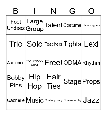 Studio One Dance Bingo Card