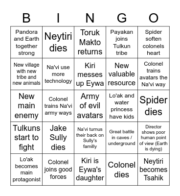 Thing that wilk happen in Avatar saga Bingo Card